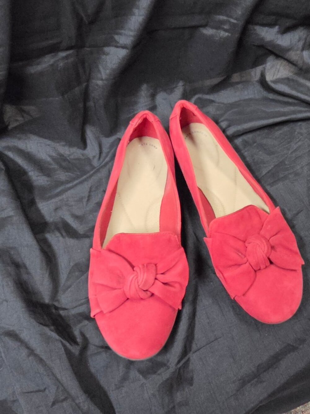 pair of red suede "Clarks" slip on shoes size 9.5( they run big more like sz 10)
